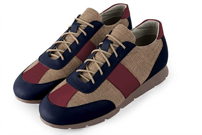 Navy blue, caramel brown and burgundy red three-tone dress sneakers for men. Round toe. Flat rubber soles - Florence KOOIJMAN